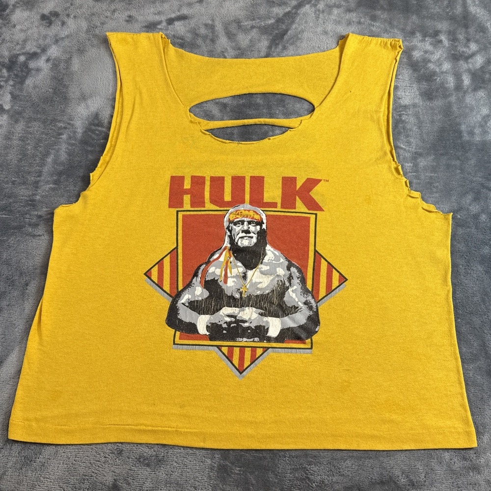 Vintage Hulk Hogan Hulkamanic Shredded Tank Top Yellow WWF Tag Mens Medium